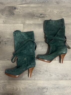 7 For All Mankind Women's Dark Green Suede Mid-Calf Heel Boots